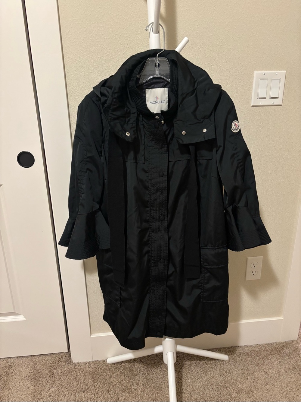 Moncler Black Hooded Trench Coat with Ruffle Cuffs with removable hood